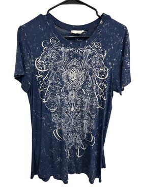 Tru Self Navy Blue Acid Wash Graphic Scoop Neck T-Shirt Top Bohemian Indie Sleaz